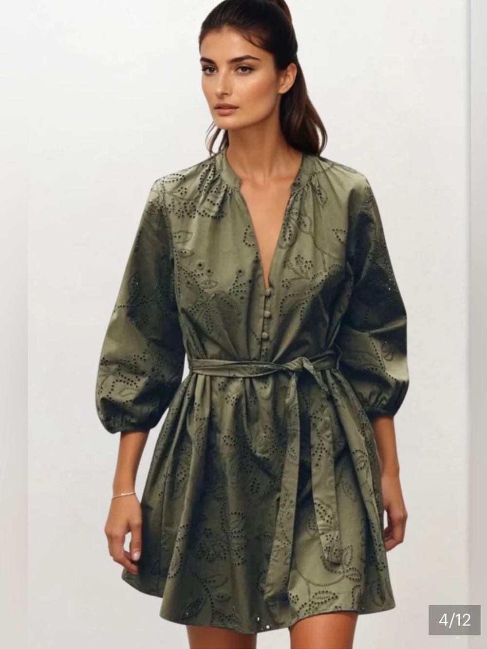 Zara Olive Green Eyelet Tie-Waist Mini Dress